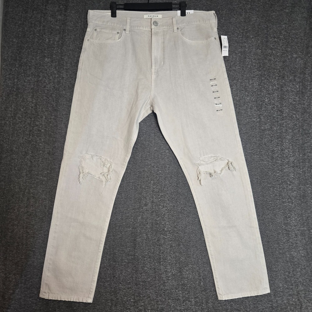 Pacsun Slim Taper Jeans Beige Distressed Men's Size 38x32 Preppy NWT